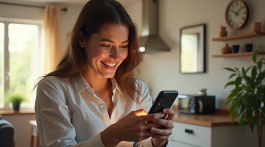 Ein hell erleuchteter, moderner Wohnraum, in dem eine junge Person mit warmem Lächeln sorgsam ihr älteres Samsung-Smartphone in den Händen hält, umgeben von natürlichem Tageslicht und dezenten technischen Details, die Komfort und behutsame Achtsamkeit im digitalen Alltag ausstrahlen.