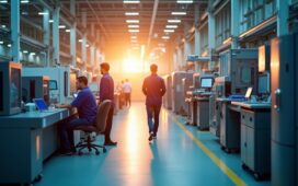 Ein strahlend helles, editorial aufgenommenes Porträt einer modernen Fertigungshalle mit geschäftigen Ingenieuren und hochmodernen Halbleiteranlagen unter warmem Tageslicht, das die zukunftsweisende Partnerschaft zwischen AWS und STMicroelectronics in einer Atmosphäre von Innovation, Vertrauen und europäischer Technologiekraft einfängt.