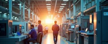 Ein strahlend helles, editorial aufgenommenes Porträt einer modernen Fertigungshalle mit geschäftigen Ingenieuren und hochmodernen Halbleiteranlagen unter warmem Tageslicht, das die zukunftsweisende Partnerschaft zwischen AWS und STMicroelectronics in einer Atmosphäre von Innovation, Vertrauen und europäischer Technologiekraft einfängt.