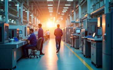 Ein strahlend helles, editorial aufgenommenes Porträt einer modernen Fertigungshalle mit geschäftigen Ingenieuren und hochmodernen Halbleiteranlagen unter warmem Tageslicht, das die zukunftsweisende Partnerschaft zwischen AWS und STMicroelectronics in einer Atmosphäre von Innovation, Vertrauen und europäischer Technologiekraft einfängt.