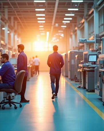 Ein strahlend helles, editorial aufgenommenes Porträt einer modernen Fertigungshalle mit geschäftigen Ingenieuren und hochmodernen Halbleiteranlagen unter warmem Tageslicht, das die zukunftsweisende Partnerschaft zwischen AWS und STMicroelectronics in einer Atmosphäre von Innovation, Vertrauen und europäischer Technologiekraft einfängt.