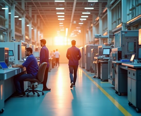 Ein strahlend helles, editorial aufgenommenes Porträt einer modernen Fertigungshalle mit geschäftigen Ingenieuren und hochmodernen Halbleiteranlagen unter warmem Tageslicht, das die zukunftsweisende Partnerschaft zwischen AWS und STMicroelectronics in einer Atmosphäre von Innovation, Vertrauen und europäischer Technologiekraft einfängt.