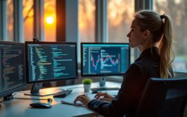 In einem hell erleuchteten, modernen Büro sitzt eine konzentrierte IT-Sicherheitsanalystin vor mehreren Bildschirmen, auf denen komplexe Codezeilen und grafische Datenanalysen zu sehen sind, während warmes Tageslicht durch große Fenster fällt und eine positive, zukunftsweisende Atmosphäre schafft.