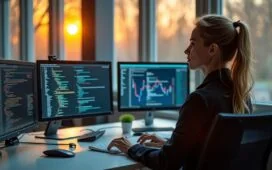 In einem hell erleuchteten, modernen Büro sitzt eine konzentrierte IT-Sicherheitsanalystin vor mehreren Bildschirmen, auf denen komplexe Codezeilen und grafische Datenanalysen zu sehen sind, während warmes Tageslicht durch große Fenster fällt und eine positive, zukunftsweisende Atmosphäre schafft.