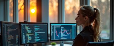 In einem hell erleuchteten, modernen Büro sitzt eine konzentrierte IT-Sicherheitsanalystin vor mehreren Bildschirmen, auf denen komplexe Codezeilen und grafische Datenanalysen zu sehen sind, während warmes Tageslicht durch große Fenster fällt und eine positive, zukunftsweisende Atmosphäre schafft.