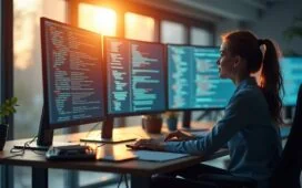 In einem modernen, lichtdurchfluteten Büro sitzt eine fokussierte IT-Sicherheitsexpertin vor einem großen Bildschirm, auf dem komplexer Code in angenehmer Klarheit zu sehen ist, während warmes Tageslicht durch große Fenster ihre entschlossene Miene sanft erhellt und so die Symbiose aus menschlicher Expertise und innovativer KI-Technologie in der Cyberabwehr visuell einfängt.