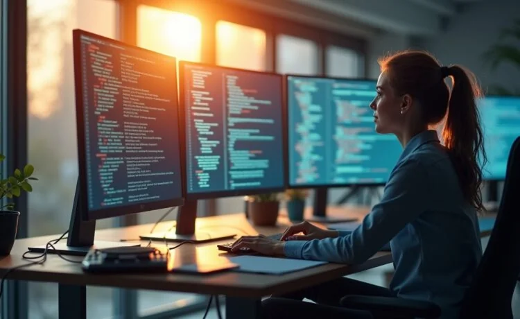 In einem modernen, lichtdurchfluteten Büro sitzt eine fokussierte IT-Sicherheitsexpertin vor einem großen Bildschirm, auf dem komplexer Code in angenehmer Klarheit zu sehen ist, während warmes Tageslicht durch große Fenster ihre entschlossene Miene sanft erhellt und so die Symbiose aus menschlicher Expertise und innovativer KI-Technologie in der Cyberabwehr visuell einfängt.