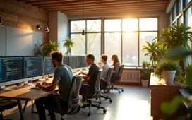 Ein strahlend helles, modernes Entwicklerbüro mit natürlichem Tageslicht, in dem konzentrierte Programmierer an mehreren Bildschirmen mit Rust- und Crux-Codes arbeiten, während warme Holztöne und lebendige Pflanzen eine einladende, kreative und zukunftsweisende Atmosphäre schaffen.