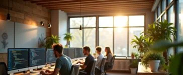 Ein strahlend helles, modernes Entwicklerbüro mit natürlichem Tageslicht, in dem konzentrierte Programmierer an mehreren Bildschirmen mit Rust- und Crux-Codes arbeiten, während warme Holztöne und lebendige Pflanzen eine einladende, kreative und zukunftsweisende Atmosphäre schaffen.