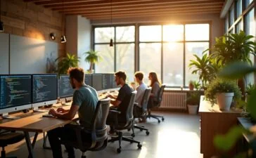 Ein strahlend helles, modernes Entwicklerbüro mit natürlichem Tageslicht, in dem konzentrierte Programmierer an mehreren Bildschirmen mit Rust- und Crux-Codes arbeiten, während warme Holztöne und lebendige Pflanzen eine einladende, kreative und zukunftsweisende Atmosphäre schaffen.