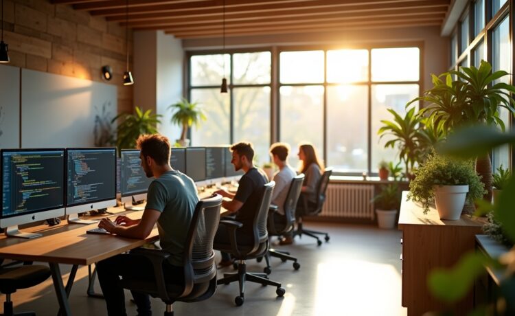 Ein strahlend helles, modernes Entwicklerbüro mit natürlichem Tageslicht, in dem konzentrierte Programmierer an mehreren Bildschirmen mit Rust- und Crux-Codes arbeiten, während warme Holztöne und lebendige Pflanzen eine einladende, kreative und zukunftsweisende Atmosphäre schaffen.