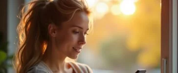 Ein strahlendes, authentisches Porträt einer entspannten Person in hellem Tageslicht, die mit einem Smartphone in der Hand aufmerksam und gelassen ihre digitalen Sicherheitseinstellungen überprüft, umgeben von einem modernen, wohnlichen Umfeld voller natürlicher Farben und warmer Stimmung.