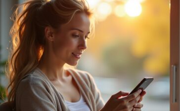 Ein strahlendes, authentisches Porträt einer entspannten Person in hellem Tageslicht, die mit einem Smartphone in der Hand aufmerksam und gelassen ihre digitalen Sicherheitseinstellungen überprüft, umgeben von einem modernen, wohnlichen Umfeld voller natürlicher Farben und warmer Stimmung.