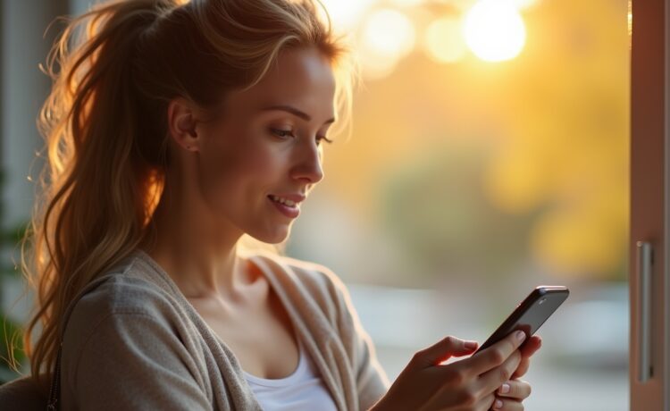 Ein strahlendes, authentisches Porträt einer entspannten Person in hellem Tageslicht, die mit einem Smartphone in der Hand aufmerksam und gelassen ihre digitalen Sicherheitseinstellungen überprüft, umgeben von einem modernen, wohnlichen Umfeld voller natürlicher Farben und warmer Stimmung.