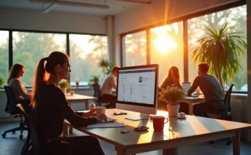 In einem hell erleuchteten, modernen Büro sitzen kreative Webdesigner:innen an großen Bildschirmen und diskutieren engagiert über Nutzerfreundlichkeit und ethisches Online-Marketing, während natürliche Sonnenstrahlen durch große Fenster fallen und eine warme, einladende Atmosphäre schaffen.