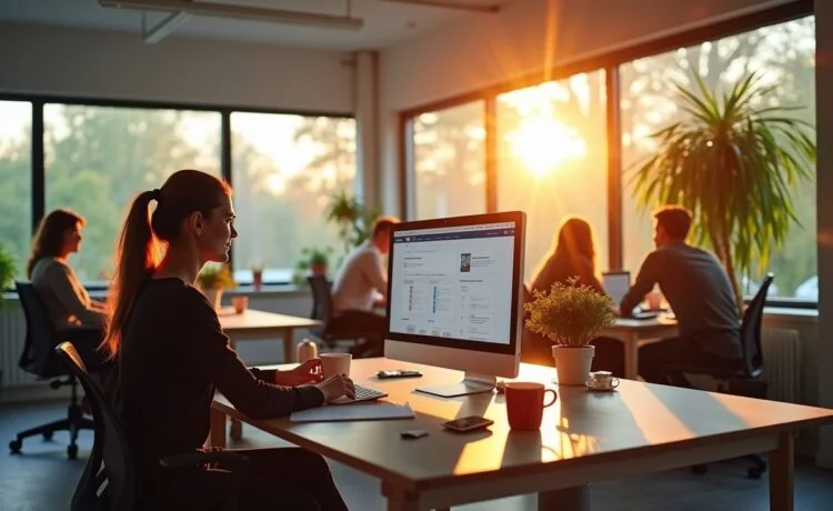 In einem hell erleuchteten, modernen Büro sitzen kreative Webdesigner:innen an großen Bildschirmen und diskutieren engagiert über Nutzerfreundlichkeit und ethisches Online-Marketing, während natürliche Sonnenstrahlen durch große Fenster fallen und eine warme, einladende Atmosphäre schaffen.