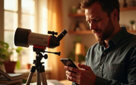 In einem warm erleuchteten Arbeitszimmer steht ein modernes, kompakt designtes Celestron Origin Teleskop auf einem stabilen Stativ, umgeben von sanftem Tageslicht, während ein begeisterter Hobby-Astronom mit konzentriert-fasziniertem Ausdruck die intuitive App-Steuerung auf seinem Smartphone bedient – eine einladende Szene voller technischer Eleganz und Entdeckungsfreude.