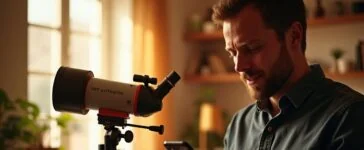 In einem warm erleuchteten Arbeitszimmer steht ein modernes, kompakt designtes Celestron Origin Teleskop auf einem stabilen Stativ, umgeben von sanftem Tageslicht, während ein begeisterter Hobby-Astronom mit konzentriert-fasziniertem Ausdruck die intuitive App-Steuerung auf seinem Smartphone bedient – eine einladende Szene voller technischer Eleganz und Entdeckungsfreude.
