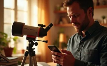 In einem warm erleuchteten Arbeitszimmer steht ein modernes, kompakt designtes Celestron Origin Teleskop auf einem stabilen Stativ, umgeben von sanftem Tageslicht, während ein begeisterter Hobby-Astronom mit konzentriert-fasziniertem Ausdruck die intuitive App-Steuerung auf seinem Smartphone bedient – eine einladende Szene voller technischer Eleganz und Entdeckungsfreude.
