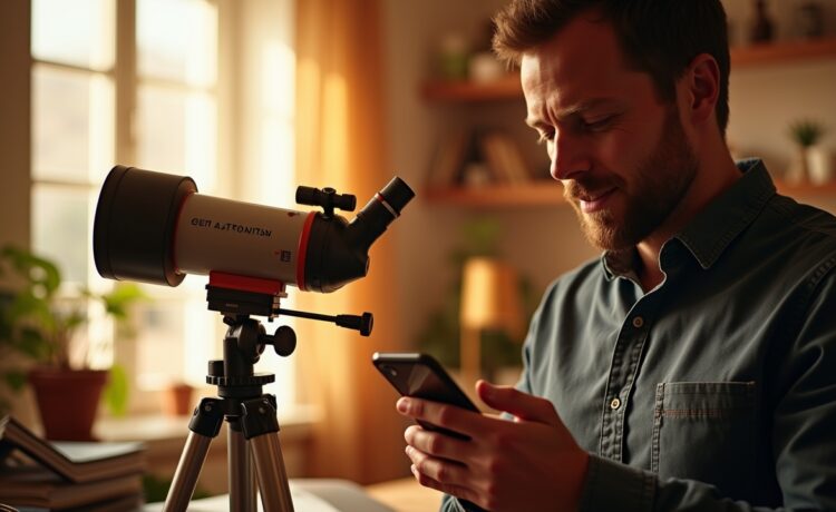 In einem warm erleuchteten Arbeitszimmer steht ein modernes, kompakt designtes Celestron Origin Teleskop auf einem stabilen Stativ, umgeben von sanftem Tageslicht, während ein begeisterter Hobby-Astronom mit konzentriert-fasziniertem Ausdruck die intuitive App-Steuerung auf seinem Smartphone bedient – eine einladende Szene voller technischer Eleganz und Entdeckungsfreude.