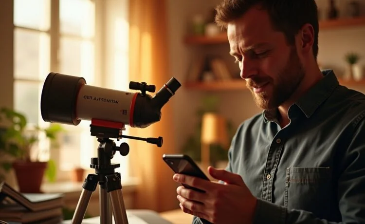 In einem warm erleuchteten Arbeitszimmer steht ein modernes, kompakt designtes Celestron Origin Teleskop auf einem stabilen Stativ, umgeben von sanftem Tageslicht, während ein begeisterter Hobby-Astronom mit konzentriert-fasziniertem Ausdruck die intuitive App-Steuerung auf seinem Smartphone bedient – eine einladende Szene voller technischer Eleganz und Entdeckungsfreude.