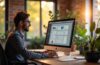 Ein warmes, natürlich beleuchtetes Bürosetting mit einem nachdenklichen UX-Designer, der an einem modernen Bildschirm klare, übersichtliche Benutzeroberflächen entwirft, während im Hintergrund helle Fenster sanftes Tageslicht hereinlassen und eine freundliche Atmosphäre voller Gestaltungskraft und Vertrauen schaffen.