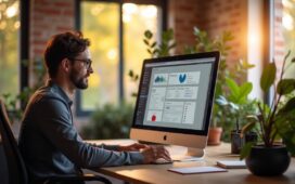 Ein warmes, natürlich beleuchtetes Bürosetting mit einem nachdenklichen UX-Designer, der an einem modernen Bildschirm klare, übersichtliche Benutzeroberflächen entwirft, während im Hintergrund helle Fenster sanftes Tageslicht hereinlassen und eine freundliche Atmosphäre voller Gestaltungskraft und Vertrauen schaffen.