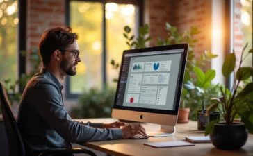 Ein warmes, natürlich beleuchtetes Bürosetting mit einem nachdenklichen UX-Designer, der an einem modernen Bildschirm klare, übersichtliche Benutzeroberflächen entwirft, während im Hintergrund helle Fenster sanftes Tageslicht hereinlassen und eine freundliche Atmosphäre voller Gestaltungskraft und Vertrauen schaffen.