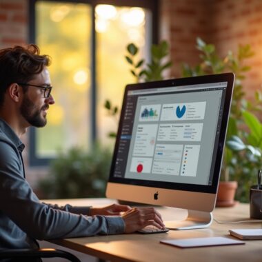 Ein warmes, natürlich beleuchtetes Bürosetting mit einem nachdenklichen UX-Designer, der an einem modernen Bildschirm klare, übersichtliche Benutzeroberflächen entwirft, während im Hintergrund helle Fenster sanftes Tageslicht hereinlassen und eine freundliche Atmosphäre voller Gestaltungskraft und Vertrauen schaffen.