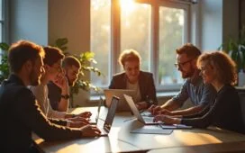 Ein hell erleuchtetes, modernes Büro mit entspannten Menschen unterschiedlichen Alters, die konzentriert an Laptops und Tablets mit KI-Anwendungen arbeiten, umgeben von warmem Tageslicht und einer Atmosphäre vertrauensvoller Zusammenarbeit.