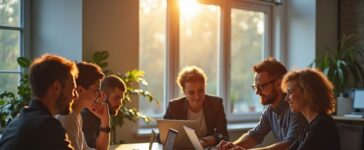 Ein hell erleuchtetes, modernes Büro mit entspannten Menschen unterschiedlichen Alters, die konzentriert an Laptops und Tablets mit KI-Anwendungen arbeiten, umgeben von warmem Tageslicht und einer Atmosphäre vertrauensvoller Zusammenarbeit.