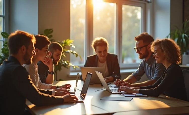 Ein hell erleuchtetes, modernes Büro mit entspannten Menschen unterschiedlichen Alters, die konzentriert an Laptops und Tablets mit KI-Anwendungen arbeiten, umgeben von warmem Tageslicht und einer Atmosphäre vertrauensvoller Zusammenarbeit.