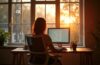 Ein modernes Home-Office mit sanftem Tageslicht, in dem eine nachdenkliche Person vor einem leuchtenden Bildschirm sitzt, der subtil die Windows-11-Oberfläche zeigt, während durch große Fenster warme Sonnenstrahlen und eine beruhigende, vertrauensvolle Atmosphäre den Raum erfüllen.