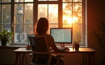 Ein modernes Home-Office mit sanftem Tageslicht, in dem eine nachdenkliche Person vor einem leuchtenden Bildschirm sitzt, der subtil die Windows-11-Oberfläche zeigt, während durch große Fenster warme Sonnenstrahlen und eine beruhigende, vertrauensvolle Atmosphäre den Raum erfüllen.