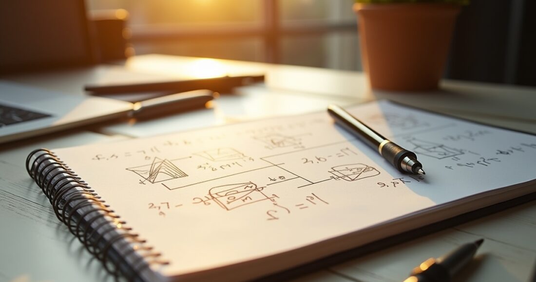 Ein hell erleuchteter, moderner Arbeitsplatz mit einem aufgeschlagenen Notebook, auf dem komplexe mathematische Formeln und Diagramme zu Transformer-Modellen zu erkennen sind, während warme Sonnenstrahlen sanft über den Schreibtisch fallen und eine einladende, konzentrierte Atmosphäre schaffen.