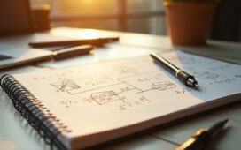 Ein hell erleuchteter, moderner Arbeitsplatz mit einem aufgeschlagenen Notebook, auf dem komplexe mathematische Formeln und Diagramme zu Transformer-Modellen zu erkennen sind, während warme Sonnenstrahlen sanft über den Schreibtisch fallen und eine einladende, konzentrierte Atmosphäre schaffen.