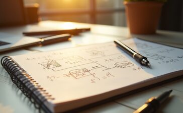Ein hell erleuchteter, moderner Arbeitsplatz mit einem aufgeschlagenen Notebook, auf dem komplexe mathematische Formeln und Diagramme zu Transformer-Modellen zu erkennen sind, während warme Sonnenstrahlen sanft über den Schreibtisch fallen und eine einladende, konzentrierte Atmosphäre schaffen.