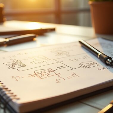 Ein hell erleuchteter, moderner Arbeitsplatz mit einem aufgeschlagenen Notebook, auf dem komplexe mathematische Formeln und Diagramme zu Transformer-Modellen zu erkennen sind, während warme Sonnenstrahlen sanft über den Schreibtisch fallen und eine einladende, konzentrierte Atmosphäre schaffen.