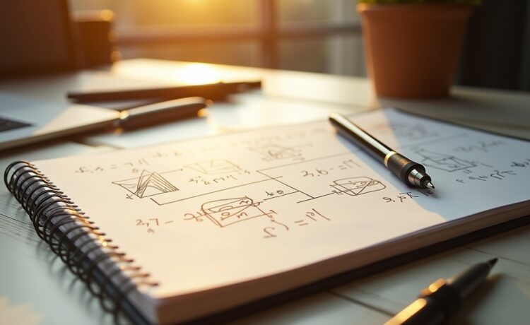 Ein hell erleuchteter, moderner Arbeitsplatz mit einem aufgeschlagenen Notebook, auf dem komplexe mathematische Formeln und Diagramme zu Transformer-Modellen zu erkennen sind, während warme Sonnenstrahlen sanft über den Schreibtisch fallen und eine einladende, konzentrierte Atmosphäre schaffen.