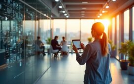 In einem modernen, lichtdurchfluteten Technologiezentrum in München arbeitet ein vielfältiges Team aus Expert:innen konzentriert an hochentwickelten KI-Systemen, während warme Sonnenstrahlen durch großzügige Fenster fallen und eine Atmosphäre von Optimismus, Innovation und digitaler Zukunft schafft.