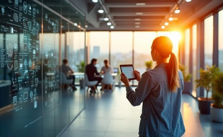 In einem modernen, lichtdurchfluteten Technologiezentrum in München arbeitet ein vielfältiges Team aus Expert:innen konzentriert an hochentwickelten KI-Systemen, während warme Sonnenstrahlen durch großzügige Fenster fallen und eine Atmosphäre von Optimismus, Innovation und digitaler Zukunft schafft.