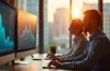 In einem modernen, lichtdurchfluteten Büro arbeiten zwei professionelle Wirtschaftsprüfer lächelnd zusammen vor großen Bildschirmen mit komplexen Datenanalysen, während die warme Nachmittagssonne durch weitläufige Fenster strahlt und eine Atmosphäre von Innovation, Teamgeist und zukunftsweisender Technologie schafft.