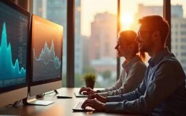 In einem modernen, lichtdurchfluteten Büro arbeiten zwei professionelle Wirtschaftsprüfer lächelnd zusammen vor großen Bildschirmen mit komplexen Datenanalysen, während die warme Nachmittagssonne durch weitläufige Fenster strahlt und eine Atmosphäre von Innovation, Teamgeist und zukunftsweisender Technologie schafft.