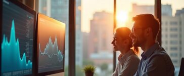 In einem modernen, lichtdurchfluteten Büro arbeiten zwei professionelle Wirtschaftsprüfer lächelnd zusammen vor großen Bildschirmen mit komplexen Datenanalysen, während die warme Nachmittagssonne durch weitläufige Fenster strahlt und eine Atmosphäre von Innovation, Teamgeist und zukunftsweisender Technologie schafft.