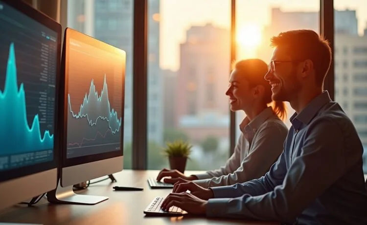 In einem modernen, lichtdurchfluteten Büro arbeiten zwei professionelle Wirtschaftsprüfer lächelnd zusammen vor großen Bildschirmen mit komplexen Datenanalysen, während die warme Nachmittagssonne durch weitläufige Fenster strahlt und eine Atmosphäre von Innovation, Teamgeist und zukunftsweisender Technologie schafft.