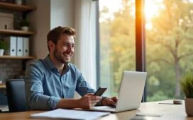 Ein moderner Arbeitsplatz mit einem freundlich lächelnden jungen Profi vor einem hell erleuchteten Fenster, der entspannt mit einem digitalen Sprachassistenten interagiert, während natürliche Sonnenstrahlen warm den Raum durchfluten und typische Bürodetails wie Laptop, Smartphone und Notizblock eine zukunftsorientierte, lebendige Atmosphäre schaffen.