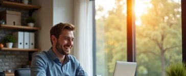 Ein moderner Arbeitsplatz mit einem freundlich lächelnden jungen Profi vor einem hell erleuchteten Fenster, der entspannt mit einem digitalen Sprachassistenten interagiert, während natürliche Sonnenstrahlen warm den Raum durchfluten und typische Bürodetails wie Laptop, Smartphone und Notizblock eine zukunftsorientierte, lebendige Atmosphäre schaffen.