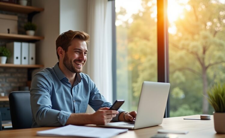 Ein moderner Arbeitsplatz mit einem freundlich lächelnden jungen Profi vor einem hell erleuchteten Fenster, der entspannt mit einem digitalen Sprachassistenten interagiert, während natürliche Sonnenstrahlen warm den Raum durchfluten und typische Bürodetails wie Laptop, Smartphone und Notizblock eine zukunftsorientierte, lebendige Atmosphäre schaffen.
