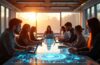 Ein hell erleuchtetes, modernes Arbeitszimmer mit großen Fenstern, in dem eine diverse Gruppe von Menschen unterschiedlicher Generationen konzentriert um einen futuristischen Tisch mit holografischen Displays und leichten technologischen Geräten versammelt ist, während warme Sonnenstrahlen durch das Fenster fallen und eine Atmosphäre von Optimismus und gemeinsamer Zukunftsgestaltung schaffen.