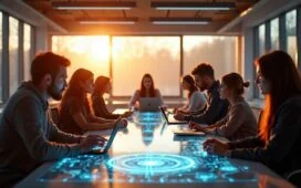 Ein hell erleuchtetes, modernes Arbeitszimmer mit großen Fenstern, in dem eine diverse Gruppe von Menschen unterschiedlicher Generationen konzentriert um einen futuristischen Tisch mit holografischen Displays und leichten technologischen Geräten versammelt ist, während warme Sonnenstrahlen durch das Fenster fallen und eine Atmosphäre von Optimismus und gemeinsamer Zukunftsgestaltung schaffen.